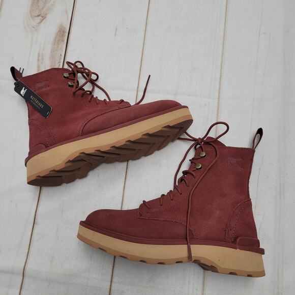 Sorel NWT Hi-Line lace up combat boots waterproof suede red - Picture 2 of 6